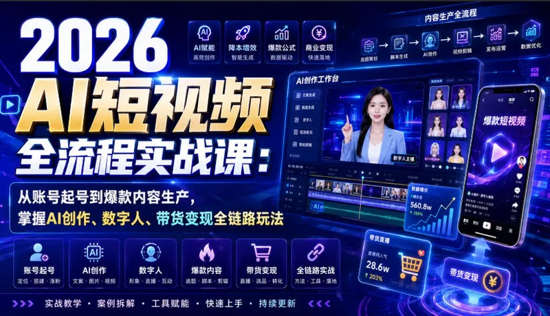 948b4810163645b55fbc6341d27a9976.jpeg 2026 AI短视频全流程实战课:从账号起号到爆款内容生产,掌握AI创作、数字人、带货变现全链路玩法