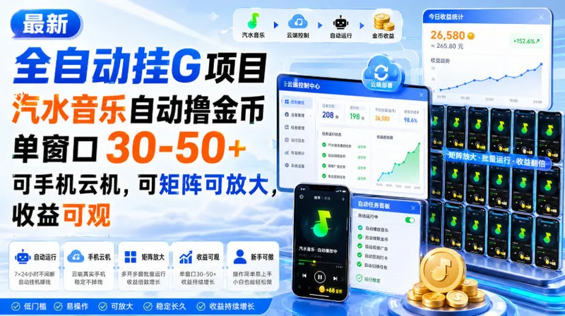 a9cdb8ebc6d54018609d8685215a70d8.jpeg 最新全自动挂G项目,汽水音乐自动撸金币单窗口30-50+,可手机云机,可矩阵可放大,收益可观