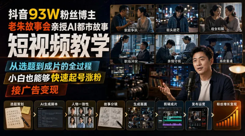 b83b2d05c138f433195bd0b60261eee8.jpeg 抖音93W粉丝博主老朱故事会亲授AI都市故事短视频教学,从选题到成片的全过程,小白也能够快速起号涨粉接广告变现