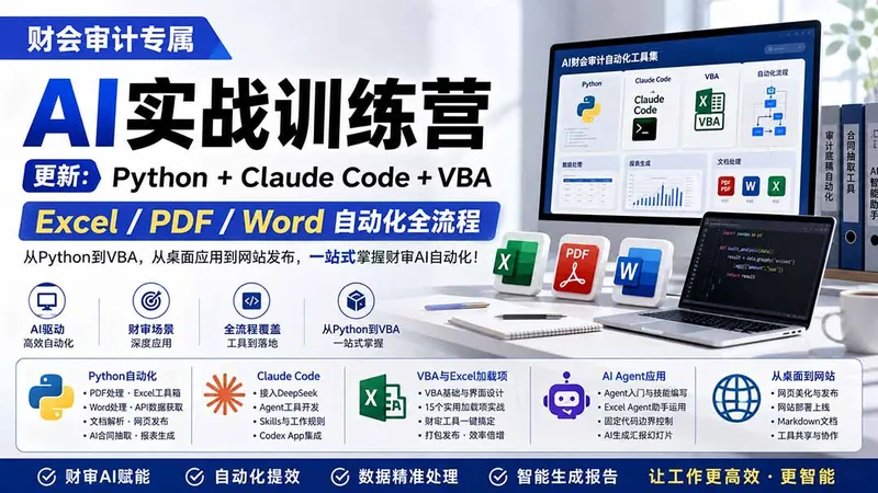 e1e3a6f514b95c35bba160080aaa2f8a.jpeg 财会审计专属 AI实战训练营:Python+Claude Code+VBA,Excel/PDF/Word自动化全流程 (更新