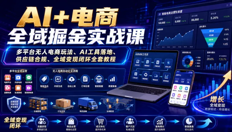 8fc03546aee7353c7c507756f6d6f15f.jpeg AI+电商全域掘金实战课|多平台无人电商玩法、AI工具落地、供应链合规、全域变现闭环全套教程