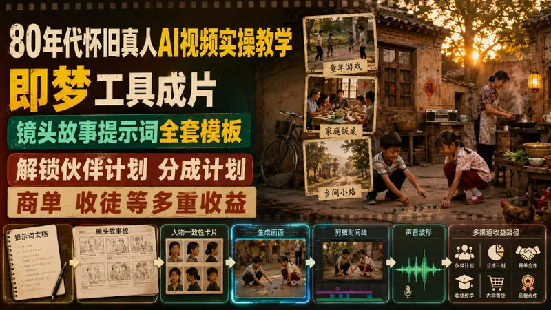 089a9d3b5d4428b90f31761f5632faef.jpeg 80年代怀旧真人AI视频实操教学,即梦工具成片、镜头故事提示词全套模板,解锁伙伴计划分成计划商单收徒等多重收益