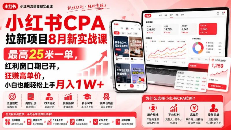 70bfe8ab929d66505c35880edd9461dc.jpeg 小红书CPA拉新项目8月新实战课,最高25米一单,红利窗口期已开,狂賺高单价,小白也能轻松上手月入1W+