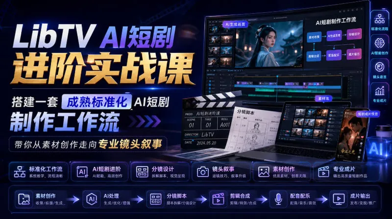 c4643244c73c2bcb162e1269d8ac1c85.jpeg LibTV AI短剧进阶实战课,搭建一套成熟标准化AI短剧制作工作流,带你从素材创作走向专业镜头叙事