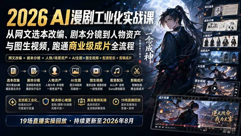 be43bd87ac71a84c80c6018fee111dc6.jpeg 2026 AI漫剧工业化实战课-更新:从网文选本改编、剧本分镜到人物资产与图生视频,跑通商业级成片全流程