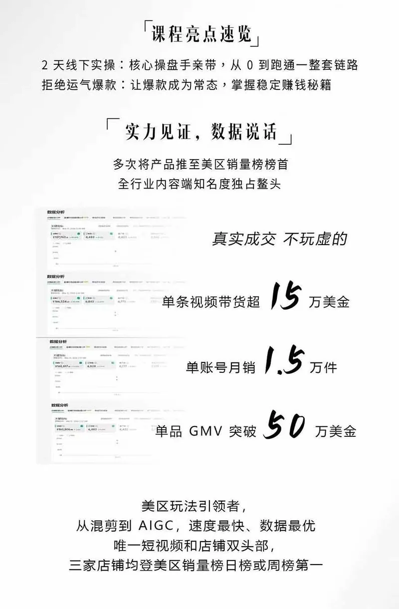 AIGC×TikTok美区短视频带货线下课；两天一夜完整回放，12小时高清视频收录头部操盘手全流程教学