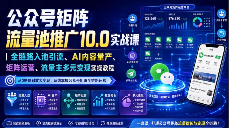 abd8aff5751aa5c7e6f8f1901d1dea15.jpeg 公众号矩阵流量池推广10.0实战课|全链路入池引流、AI内容量产、矩阵运营、流量主多元变现实操教程