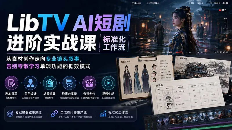 7606c49dd5e64da3131081b5bf6d6fe3.jpeg LibTV AI短剧进阶实操课标准化工作流;从素材创作走向专业镜头叙事,告别零散学习单项功能的低效模式