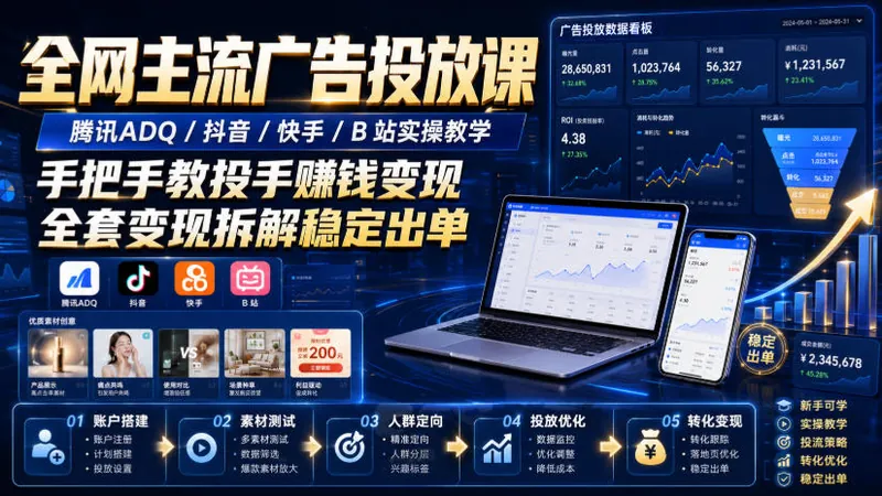 173ee7e80318914a487c85d78af5f512.jpeg 全网主流广告投放课,腾讯ADQ / 抖音 / 快手 / B 站实操教学,手把手教投手赚钱变现,全套变现拆解稳定出单