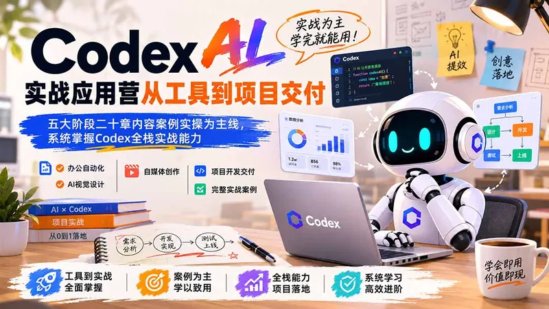 9e74ace222eacb565eee01ebb16c408a.jpeg Codex AI实战应用营从工具到项目交付;五大阶段二十章内容案例实操为主线,系统掌握Codex全栈实战能力