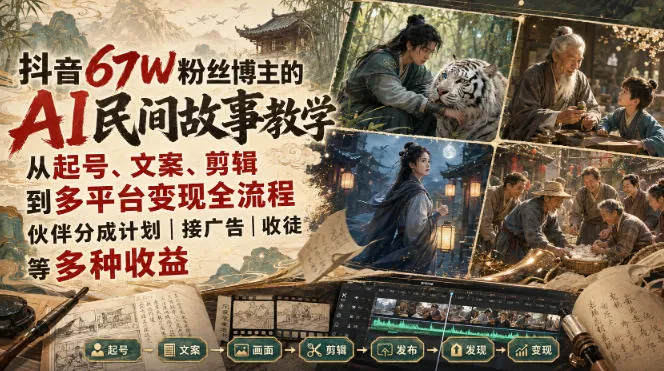 72f4814827464b13cb432018add375b1.jpeg 抖音67W粉丝博主的AI民间故事教学,从起号、文案、剪辑到多平台变现全流程,伙伴分成计划接广告等多种收益,月入1W+
