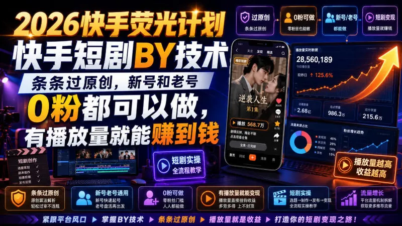 e9bfc94041674607fa340920c495014f.jpeg 2026快手荧光计划,快手短剧搬运技术,条条过原创,新号和老号0粉都可以做,有播放量就能賺到钱