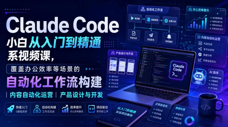 Claude Code小白从入门到精通系视频课，覆盖办公效率等场景的自动化工作流构建