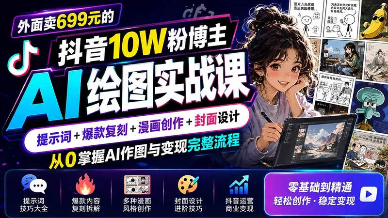 外面卖699元的抖音10W粉博主AI绘图实战课：提示词+爆款复刻+漫画创作+封面设计，从0掌握AI作图与变现完整流程