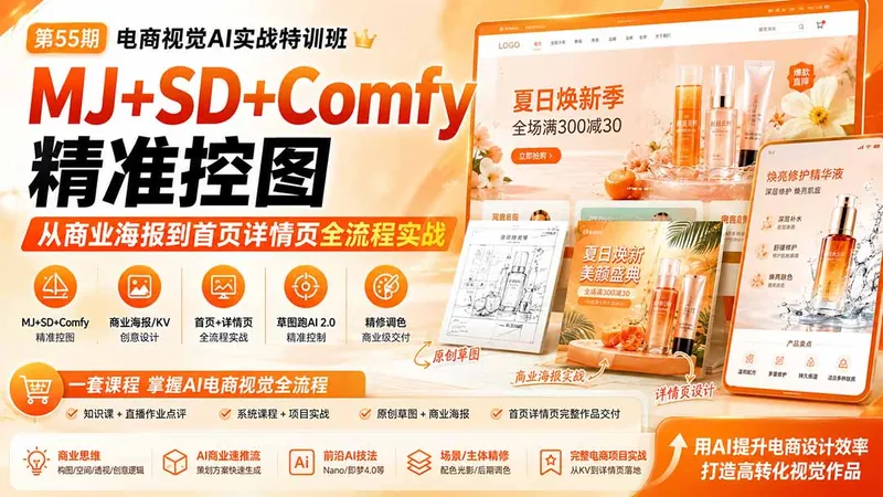 7036d6c80475eda11ff9b788f7a3ef40.jpeg 电商视觉 AI实战训练营第55期:MJ+SD+Comfy精准控图,从商业海报到首页详情页全流程实战