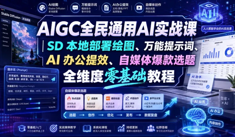 AIGC全民通用AI实战课｜SD本地部署绘图、万能提示词、AI办公提效、自媒体爆款选题全维度零基础教程