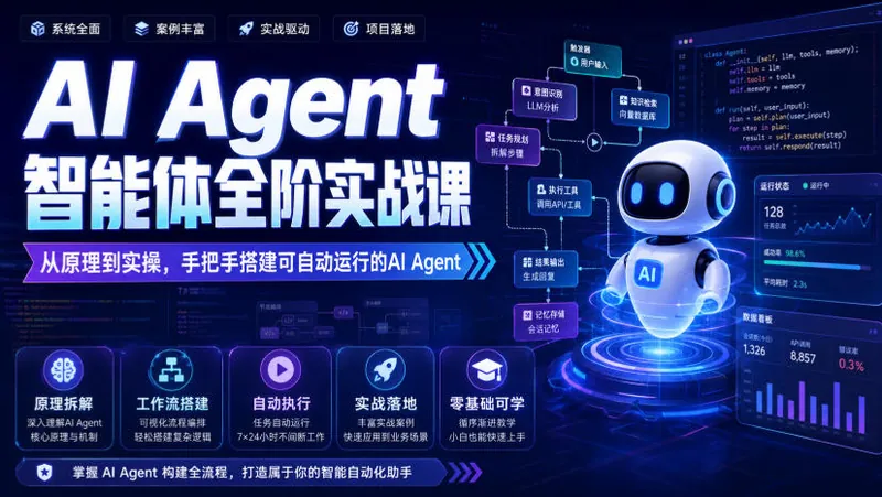 78753c7478cff2992496ce7cc7f7c678.jpeg AI Agent智能体全阶实战课,从原理到实操,手把手搭建可自动运行的AI Agent