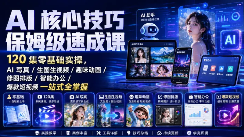 18306c3ec58c726eeb4a4bffdf7a5aed.jpeg AI核心技巧保姆级速成课|120集零基础实操,AI写真/生图生视频/趣味动画/修图排版/智能办公/爆款短视频一站式全掌握