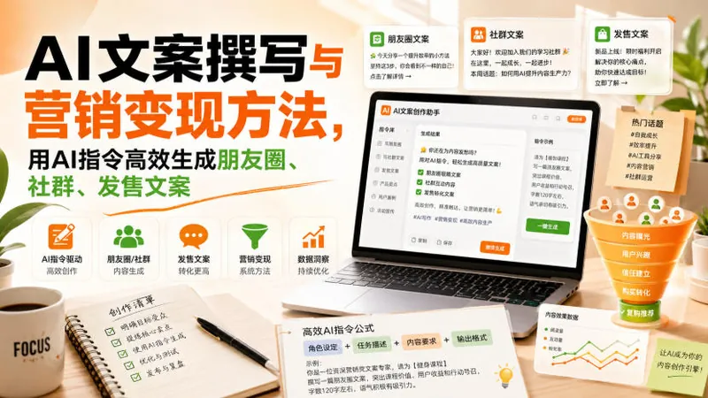 AI文案撰写与营销变现方法，用AI指令高效生成朋友圈、社群、发售文案