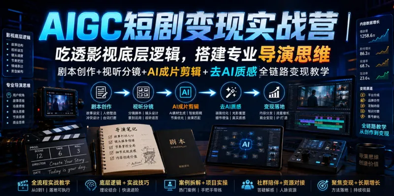 186c5cb8273e4249eb7811c476683cde.jpeg AIGC短剧变现实战营|吃透影视底层逻辑,搭建专业导演思维,剧本创作+视听分镜+AI成片剪辑+去AI质感全链路变现教学