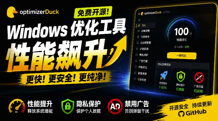 8873b8e44a7f6675e80d08fe46f3ed27.jpeg 让Windows更纯净、透明、强大的优化工具!免费开源,主打性能提升、功能设置与磁盘清理OptimizerDuck