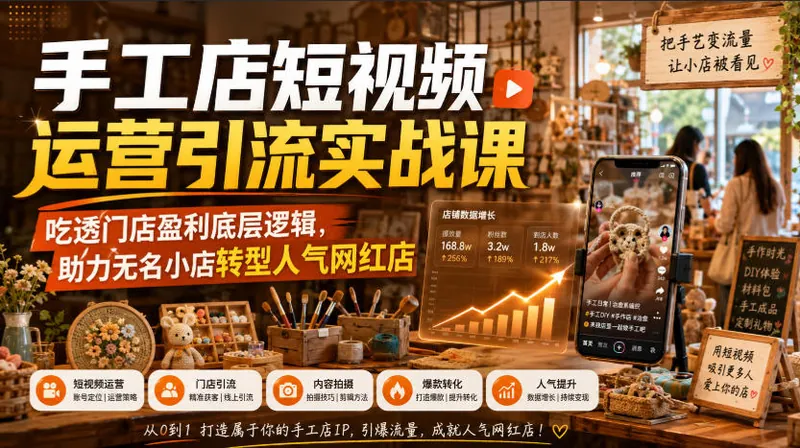 e982c8a82812fa7f6d48cb10ee240958.jpeg 手工店短视频运营引流实战课,吃透门店盈利底层逻辑,助力无名小店转型人气网红店