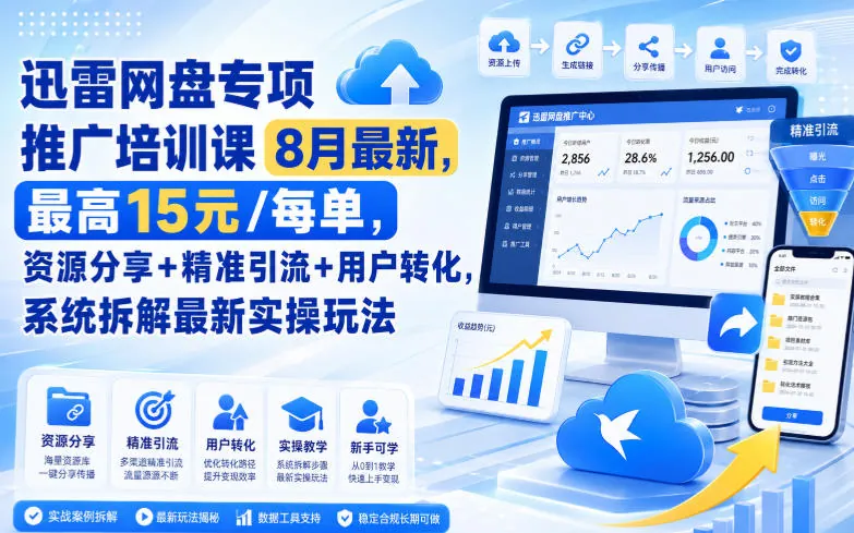 17fb0f1ff42a30a1e5cb2ea7bf458beb.jpeg 迅雷网盘专项推广培训课8月最新,最高15米/每单,资源分享+精准引流+用户转化,系统拆解最新实操玩法(更新0824)