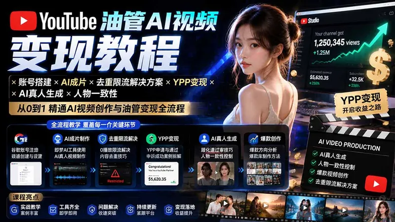 50f4d2b95d09483caf8401344d17a3a5.jpeg YouTube油管AI视频变现教程:账号搭建×AI成片×去重限流解决方案×YPP变现×AI真人生成×人物一致性