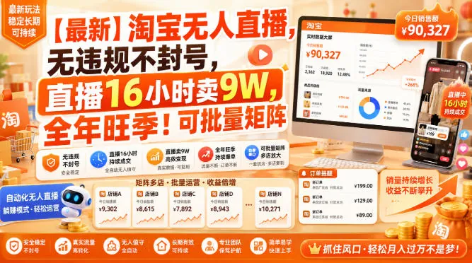 9cf5096bbdf629d53468976589518277.jpeg 【最新】淘宝无人直播,无违规不封号,直播16小时卖9W,全年旺季!可批量矩阵【揭秘】