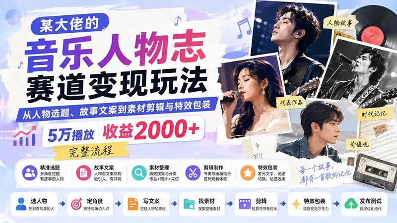 6f46b245840365330d4b3c3201718974.jpeg (20121期)某大佬的音乐人物志赛道变现玩法:从人物选题、故事文案到素材剪辑与特效包装,5万播放收益2000+完整流程
