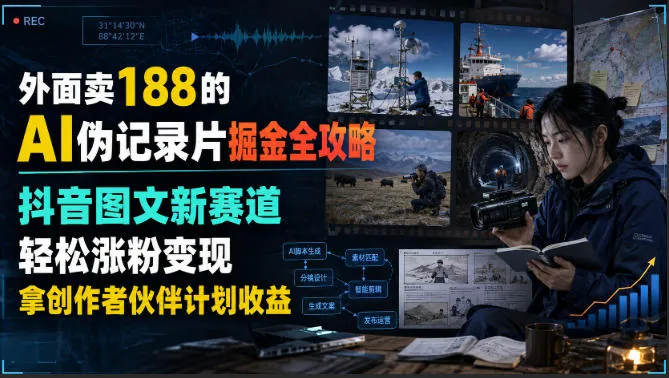 e5b6cba217c860e2a15820ed05791cf4.jpeg 外面卖188的AI伪记录片掘金全攻略,抖音图文新赛道,轻松涨粉变现,拿创作者伙伴计划收益【文档】