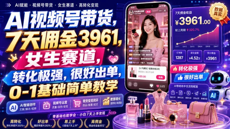 dbcd35435e1abbee214d1b7291966b06.jpeg AI视频号带货,7天佣金3961,女生赛道,转化极强,很好出单,0-1基础简单教学