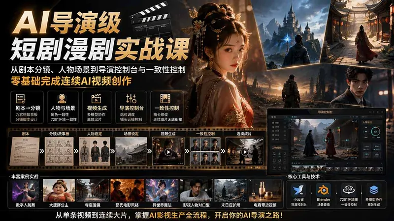 23736ea25f9788c1507e4fa2328f31c7.jpeg AI导演级短剧漫剧实战课:从剧本分镜、人物场景到导演控制台与一致性控制,零基础完成连续AI视频创作 (更新