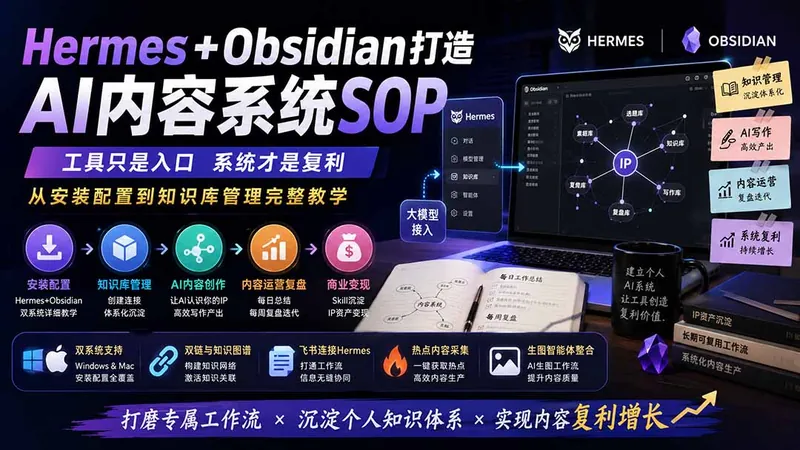 629a3c978bd56d871870964c940de480.jpeg Hermes+Obsidian打造AI内容系统SOP;工具只是入口系统才是复利,从安装配置到知识库管理完整教学