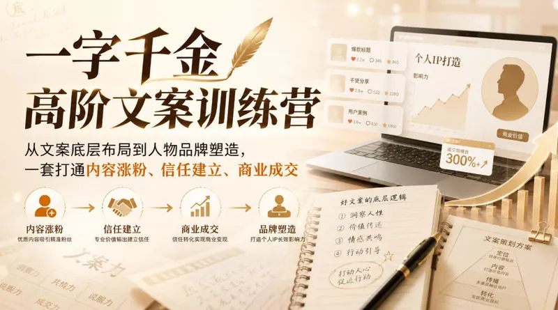 ff2e6b768d297fce9abaddfba55f8d99.jpeg 一字千金高阶文案训练营,从文案底层布局到人物品牌塑造,一套打通内容涨粉、信任建立、商业成交