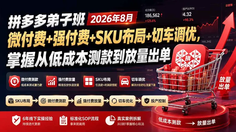 e2b862faea71c4ee464429c25727d734.jpeg 拼多多弟子班2026年8月:微付费+强付费+SKU布局+切车调优,掌握从低成本测款到放量出单