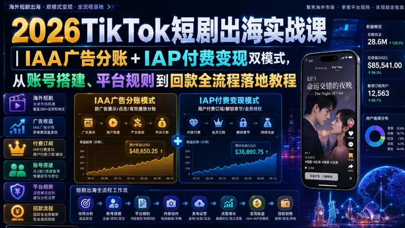 d45a33063b895437d2e0f9004ed31850.jpeg 2026TikTok短剧出海实战课|IAA广告分账+IAP付费变现双模式,从账号搭建、平台规则到回款全流程落地教程