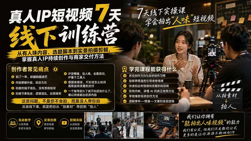 a77f0c70870d2733a069274b5ccbe0f7.jpeg 真人IP短视频7天训练营:从有人味内容、选题脚本到实景拍摄剪辑,掌握真人IP持续创作与商家交付方法