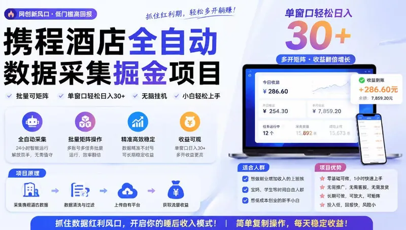 a78bb29e46e2551c7874609d25f66582.jpeg 携程酒店采集挂G项目,批量可矩阵,单机轻松日入300+,开启你的睡后收入模式!【揭秘】