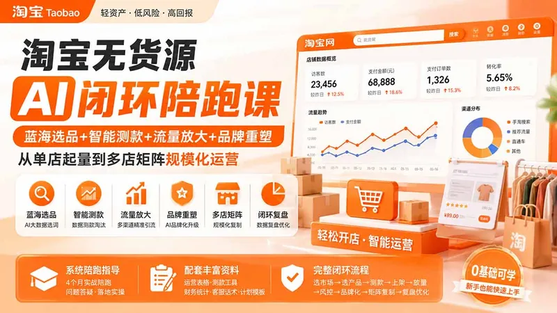 53c846cb17f9270c51dda35fe2c36e0f.jpeg 淘宝无货源AI闭环陪跑课:蓝海选品+智能测款+流量放大+品牌重塑,从单店起量到多店矩阵规模化运营