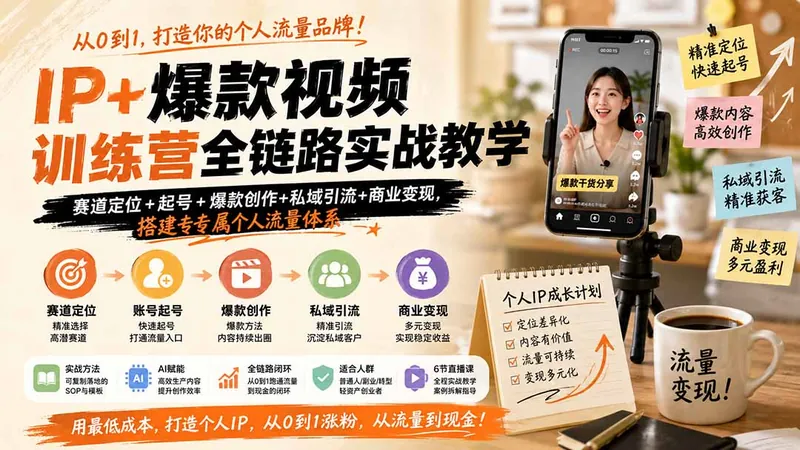 d14e3a1e42af32a2bba9567c8ec58385.jpeg IP+爆款视频训练营全链路实战教学;赛道定位+起号+爆款创作+私域引流+商业变现,搭建专属个人流量体系