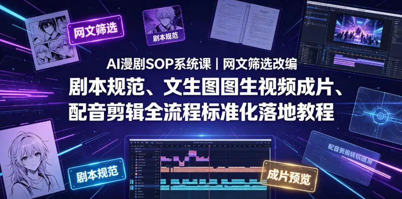 AI漫剧SOP系统课｜网文筛选改编、剧本规范、文生图图生视频成片、配音剪辑全流程标准化落地教程(更新0826)