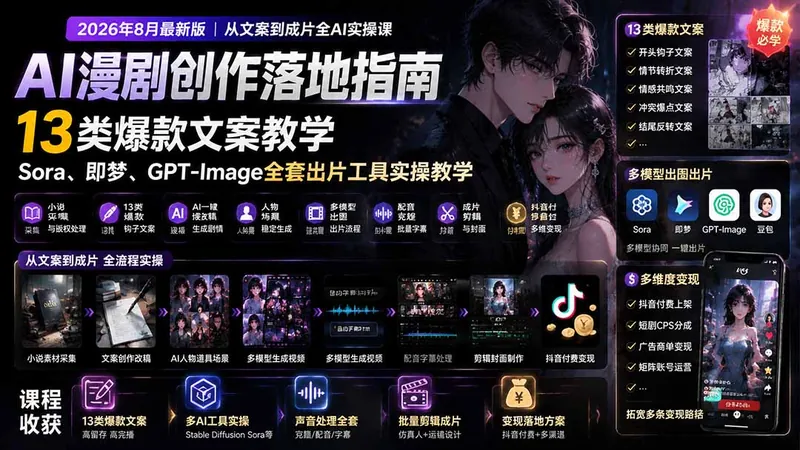 24cbdf72f3316e33964511bfb9af36b0.jpeg AI漫剧创作落地指南|13类爆款文案教学,Sora、即梦、GPT-Image全套出片工具实操教学
