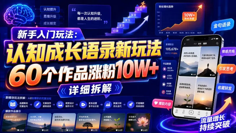 d534e9cc674be238226b7f8b7de16264.jpeg 新手入门玩法:认知成长语录新玩法,60个作品涨粉10W+,详细拆解