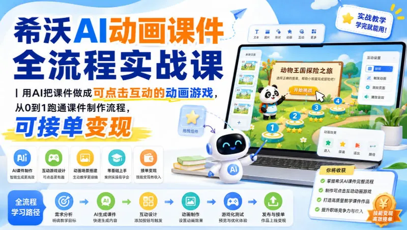 14750061f69dea8e7f4bfe6bd13df724.jpeg 希沃AI动画课件全流程实战课|用AI把课件做成可点击互动的动画游戏,从0到1跑通课件制作流程,可接单变现