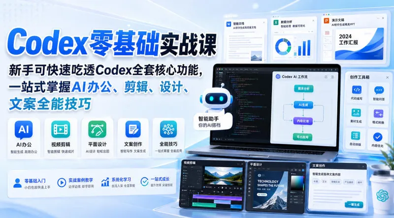 Codex零基础实战课，新手可快速吃透Codex全套核心功能，一站式掌握AI办公、剪辑、设计、文案全能技巧