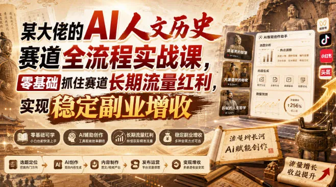 dd5fac24e3b683602c6bd66d7b065698.jpeg 某大佬的AI人文历史赛道全流程实战课,零基础抓住赛道长期流量红利,实现稳定副业增收