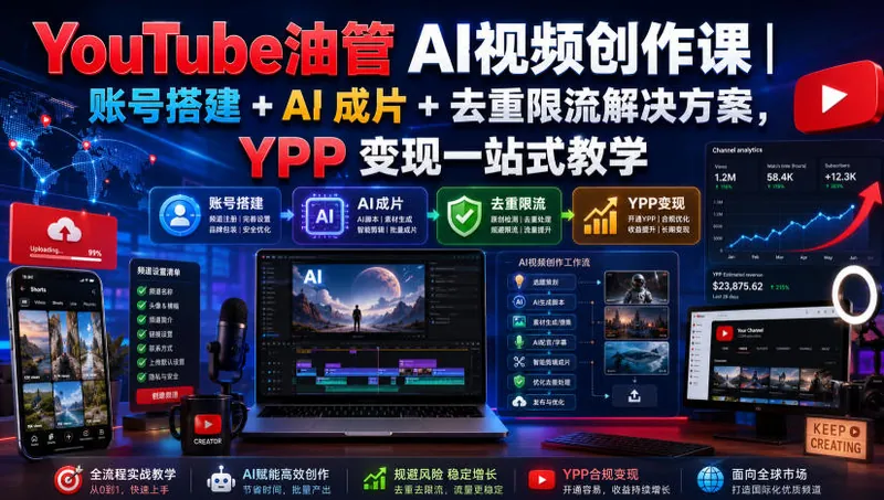 96991ac316bec510190cb36c7bf946fc.jpeg YouTube油管AI视频创作课|账号搭建+AI成片+去重限流解决方案,YPP变现一站式教学(更新0809)