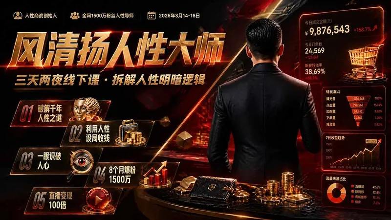087914dc776de6845799f7a721bb43d5.jpeg 风清扬人性大师-三天两夜3月14-16线下课2026年|拆解人性明暗逻辑,识人避坑,千万粉涨粉+直播百倍变现实战教学