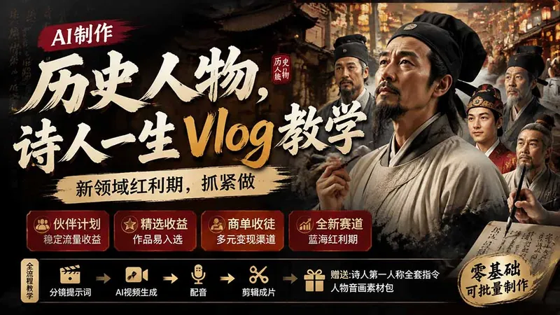 55057beb8602358dbb64dfdfa17a8a00.jpeg 历史人物,诗人一生Vlog教学, AI制作丨伙伴计划丨精选收益丨商单收徒 ,新领域红利期,抓紧做